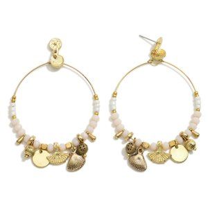 Beaded Metal Tone Hoop Drop Earrings Gold and Pearl